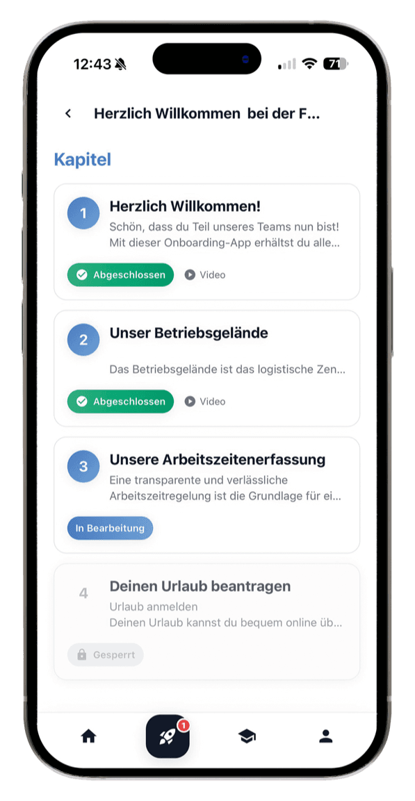 Kapitelliste in der mobilen App: zwei Kapitel abgeschlossen, eines in Bearbeitung, eines gesperrt