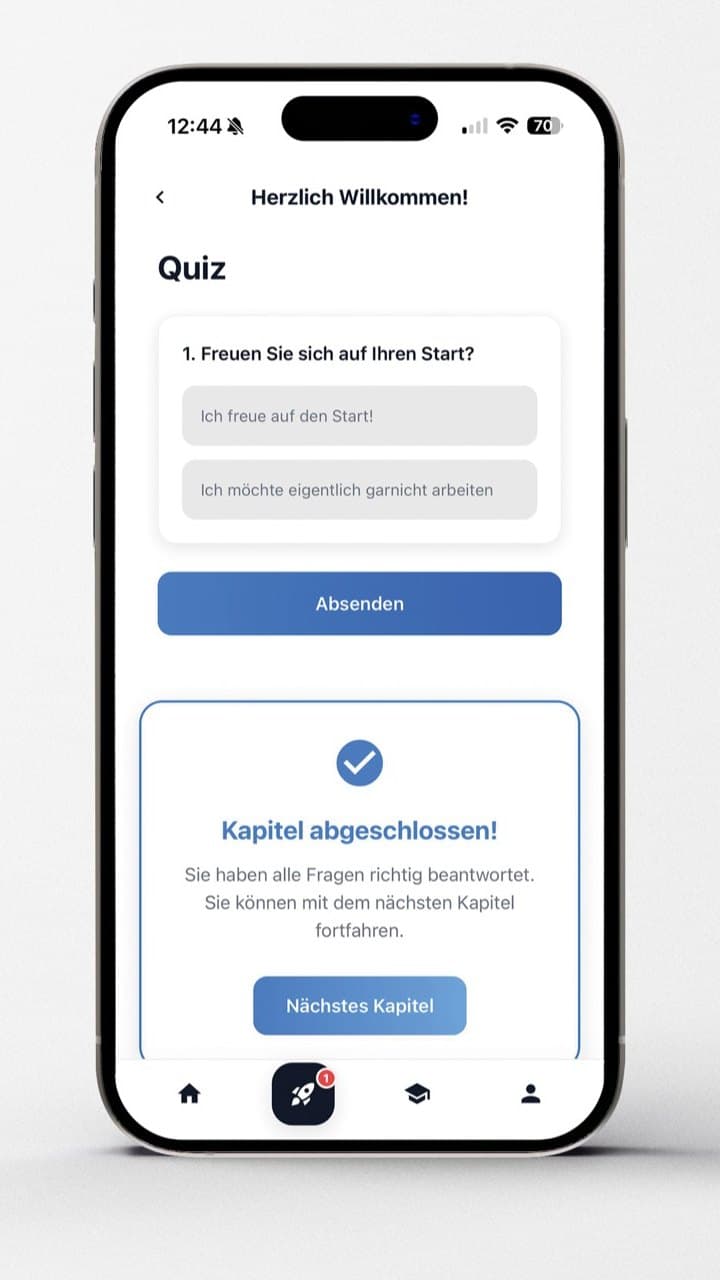 Quiz in der App: Fragen beantwortet, Kapitel abgeschlossen, nächstes Kapitel freigegeben