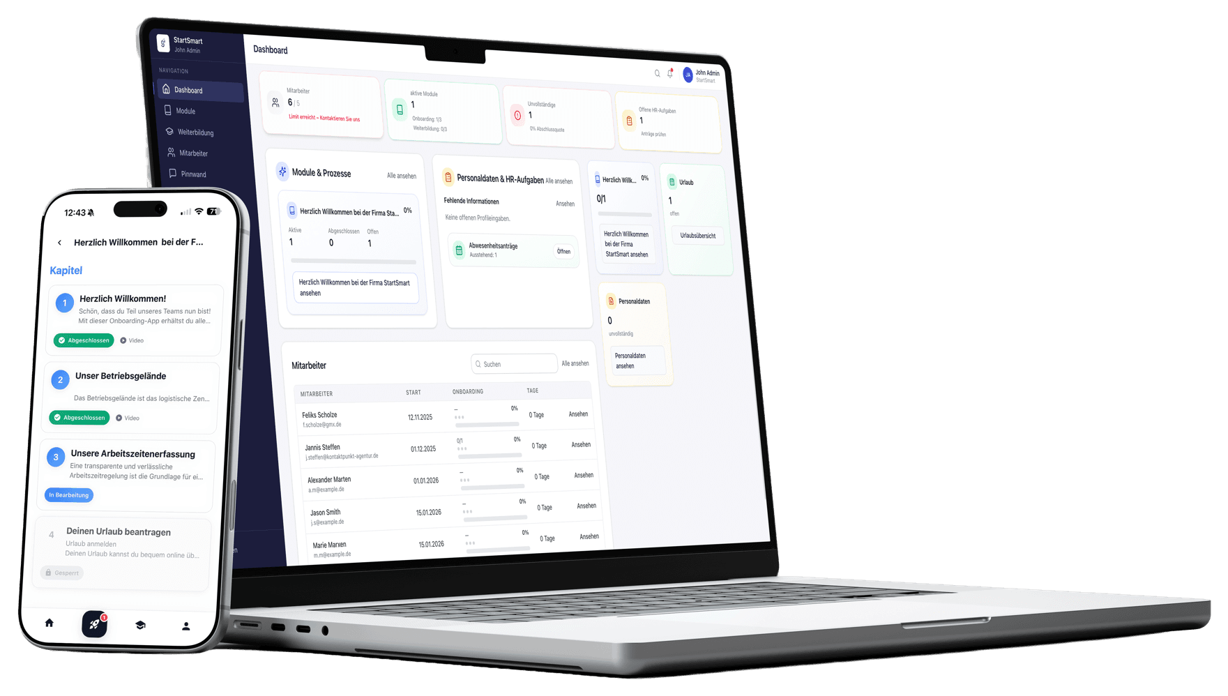 Start Smart im Einsatz: Web-Dashboard mit Modulen und Mitarbeitenden, daneben die App mit Kapiteln und Fortschritt